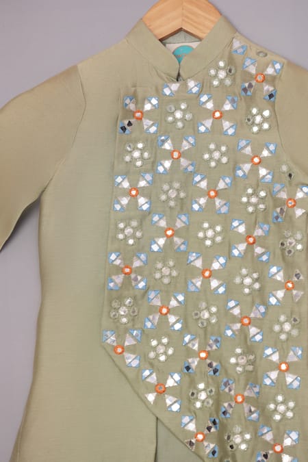 Turqidz By Shweta Aggarwal_Green Satin, Chanderi Silk, Embroidery Mirror Panelled Kurta Set _Online_at_Aza_Fashions