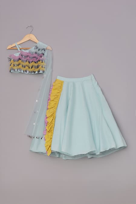 Turqidz by Shweta Aggarwal Blue Upada Silk Embellished Sequin And Ruffle Trims Panelled Blouse & Lehenga Set 