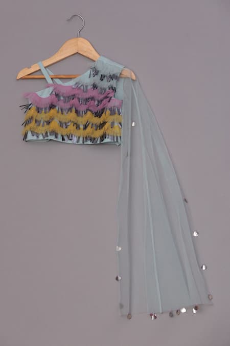 Turqidz By Shweta Aggarwal_Blue Net, Silk Tassels, Ruffles Panelled Blouse And Lehenga Set _Online_at_Aza_Fashions