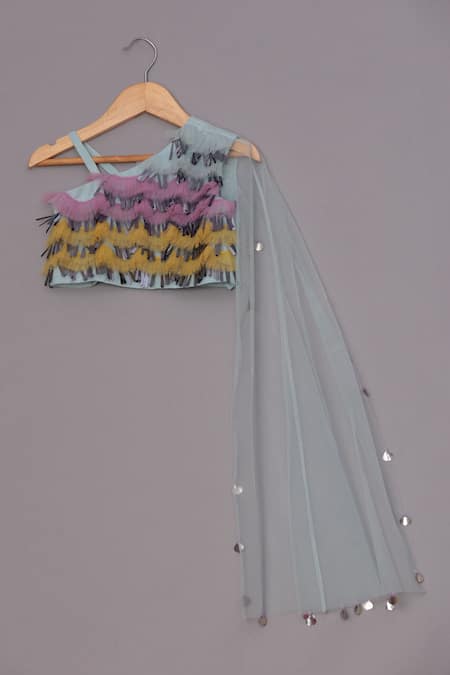 Turqidz By Shweta Aggarwal_Blue Net, Silk Tassels, Ruffles Panelled Blouse And Lehenga Set _at_Aza_Fashions