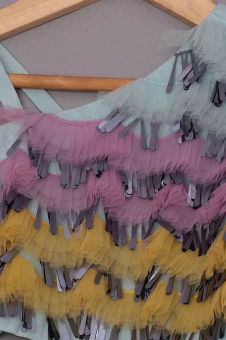 Buy_Turqidz By Shweta Aggarwal_Blue Net, Silk Tassels, Ruffles Panelled Blouse And Lehenga Set 