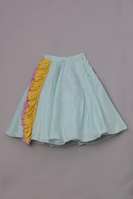 Shop_Turqidz By Shweta Aggarwal_Blue Net, Silk Tassels, Ruffles Panelled Blouse And Lehenga Set 