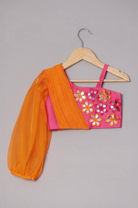 Turqidz By Shweta Aggarwal_Pink Organza, Net, Denim, Silk Mirrors, Embroidery Blouse And Lehenga Set _Online_at_Aza_Fashions