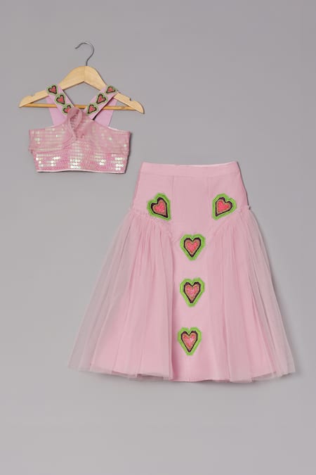 Turqidz by Shweta Aggarwal Pink Dupion Silk Embroidered Heart Applique Work Blouse And Lehenga Set 