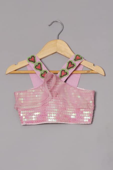 Buy_Turqidz By Shweta Aggarwal_Pink Organza, Linen, Net, Cotton Sequins, Heart Work Blouse And Lehenga Set _Online_at_Aza_Fashions