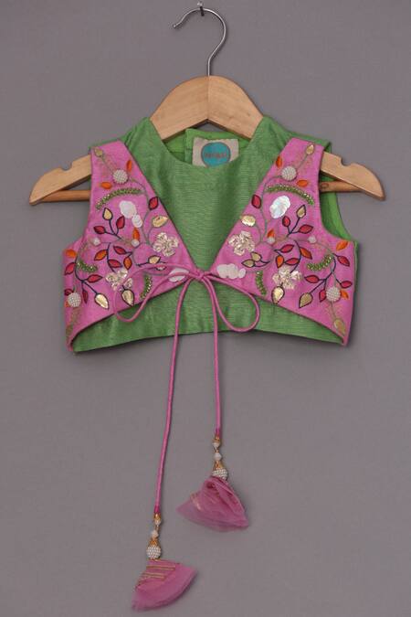 Shop_Turqidz By Shweta Aggarwal_Green Net, Silk, Cotton, Chiffon Embroidery, Gota Panelled Blouse Lehenga Set _Online_at_Aza_Fashions