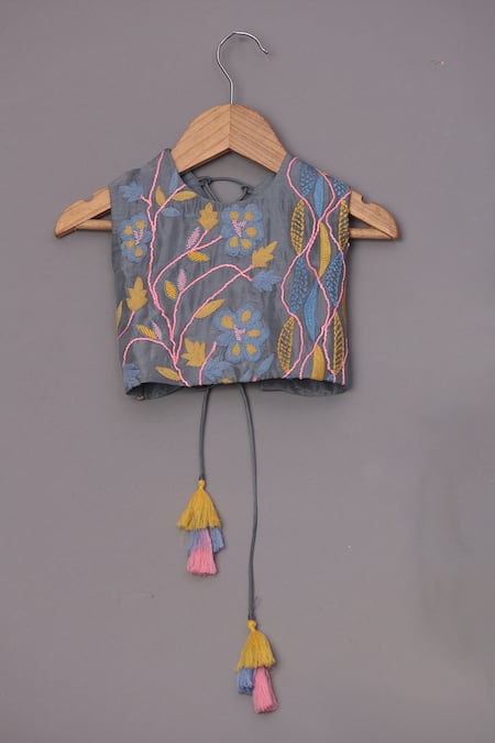 Buy_Turqidz By Shweta Aggarwal_Grey Net, Silk, Linen Embroidery, Tassels Thread Blouse Lehenga Set _Online_at_Aza_Fashions