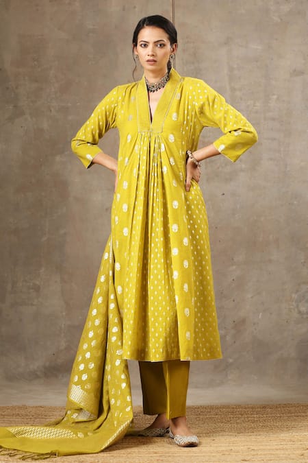 Shop_Bbaawri_Yellow Chanderi , Chanderi, Embroidery V-neck Florette Woven Kurta Set _Online_at_Aza_Fashions