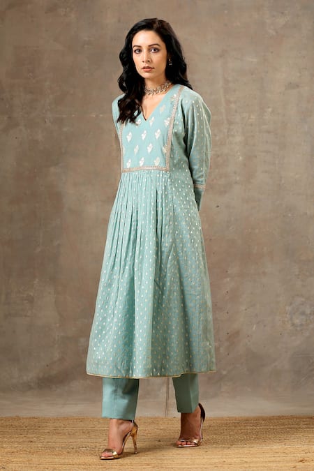 Buy Bbaawri Blue Chanderi, Silk, Handloom Cotton Embroidery, Tear Drop Woven Kurta Pant Set Online at Aza Fashions Buy_Bbaawri_Blue Chanderi, Silk, Handloom Cotton Embroidery, Tear Drop Woven Kurta Pant Set _Online_at_Aza_Fashions