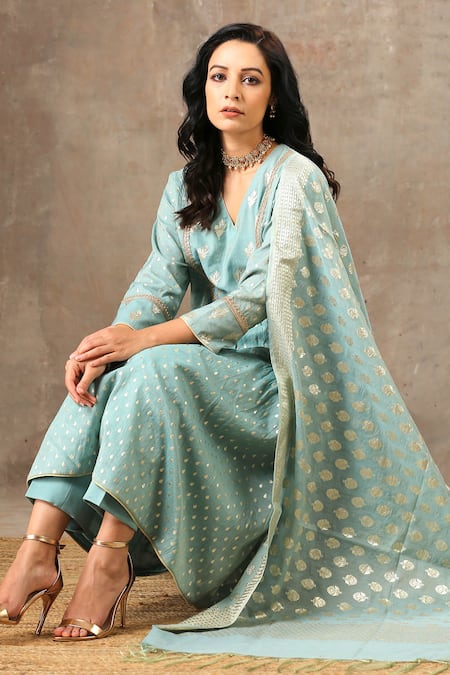 Shop Bbaawri Blue Chanderi, Silk, Handloom Cotton Embroidery, Tear Drop Woven Kurta Pant Set Online at Aza Fashions Shop_Bbaawri_Blue Chanderi, Silk, Handloom Cotton Embroidery, Tear Drop Woven Kurta Pant Set _Online_at_Aza_Fashions