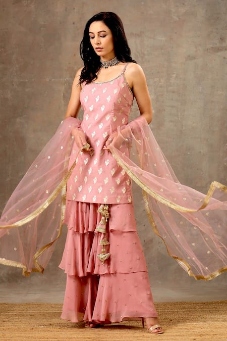 BBAAWRI Pink Banarasi Chanderi Woven Floral Round Kurta Sharara Set 