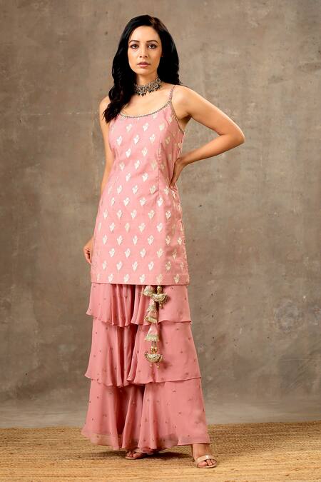 Bbaawri_Pink Banarasi Chanderi Woven Floral Round Kurta Sharara Set _Online_at_Aza_Fashions