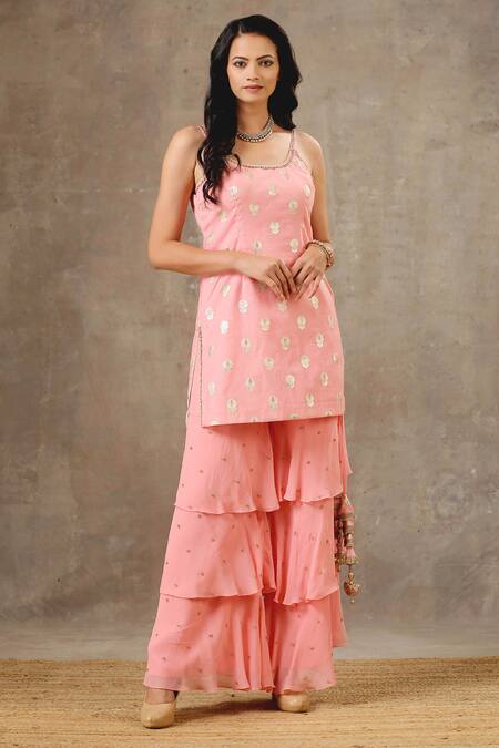 Bbaawri_Peach Banarasi Chanderi Woven Flower Round Kurta Sharara Set _Online_at_Aza_Fashions