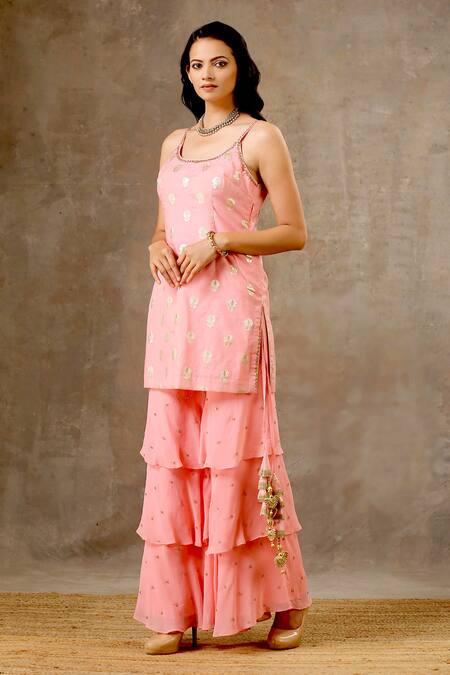 Buy_Bbaawri_Peach Banarasi Chanderi Woven Flower Round Kurta Sharara Set _Online_at_Aza_Fashions