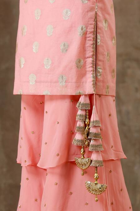 Shop_Bbaawri_Peach Banarasi Chanderi Woven Flower Round Kurta Sharara Set _Online_at_Aza_Fashions