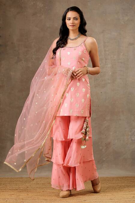 Bbaawri_Peach Banarasi Chanderi Woven Flower Round Kurta Sharara Set _at_Aza_Fashions