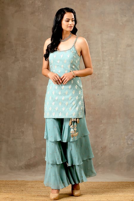 Bbaawri_Blue Banarasi Chanderi Woven Florette Round Kurta Sharara Set _Online_at_Aza_Fashions