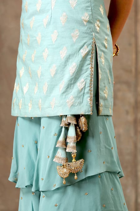 Shop_Bbaawri_Blue Banarasi Chanderi Woven Florette Round Kurta Sharara Set _Online_at_Aza_Fashions