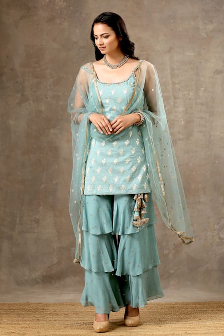 Bbaawri_Blue Banarasi Chanderi Woven Florette Round Kurta Sharara Set _at_Aza_Fashions