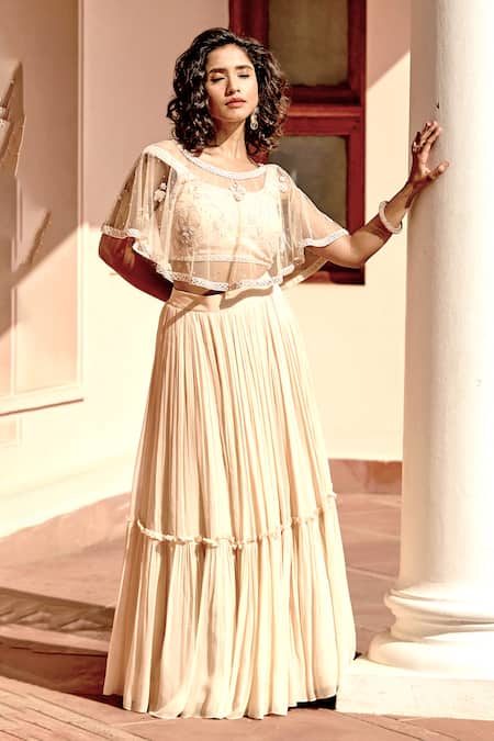 Bbaawri Peach Embroidered Cape Lehenga Set 