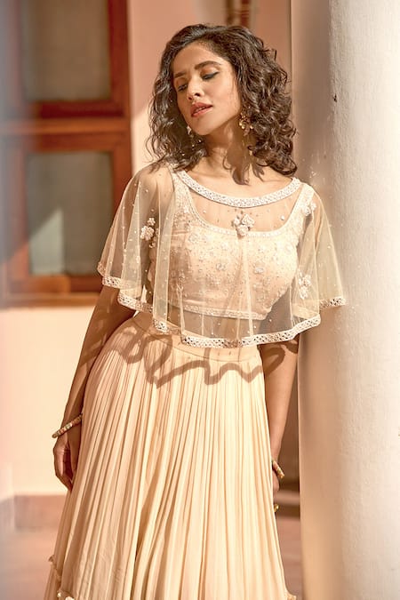 Buy_Bbaawri_Peach Georgette Mirrors, Beads, Sequins Round Neck Embroidered Cape Lehenga Set _Online_at_Aza_Fashions