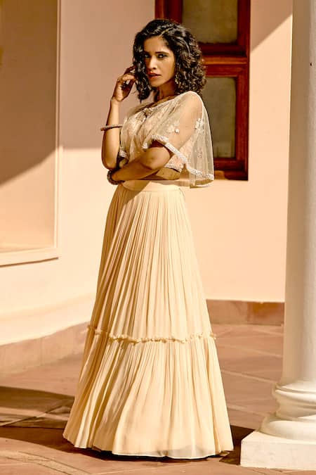 Shop_Bbaawri_Peach Georgette Mirrors, Beads, Sequins Round Neck Embroidered Cape Lehenga Set _Online_at_Aza_Fashions