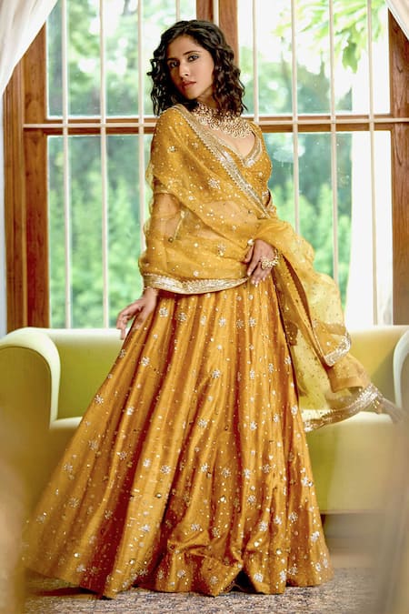 Bbaawri_Gold Organza, Zari, Embroidery, Sequins Floral Bridal Lehenga Set _at_Aza_Fashions