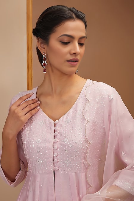 Buy_Bbaawri_Pink Silk Organza, Silk, Sequins, Geometric Yoke Anarkali Set _Online_at_Aza_Fashions