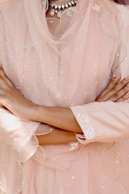 Shop_Bbaawri_Peach Silk Organza Sequins, Beads, Embroidery Thread Dupatta _Online_at_Aza_Fashions