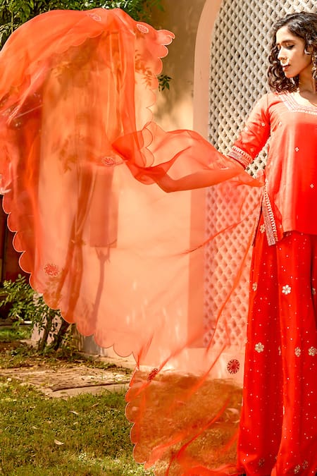 BBAAWRI Red Silk Organza Embroidery Gota Patti Scallop Border Dupatta 