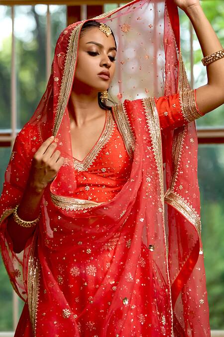Bbaawri_Red Silk Organza Embroidery Zardozi Work Dupatta _Online_at_Aza_Fashions