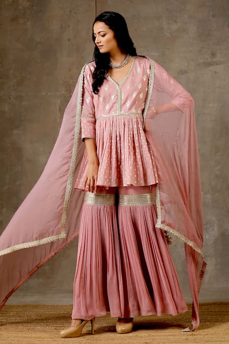 BBAAWRI Pink Banarasi Chanderi Woven Tear Drop V Neck Floral Peplum Kurta Sharara Set 