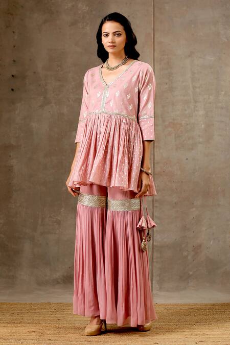 Bbaawri_Pink Banarasi Chanderi Woven Tear Drop V Neck Floral Peplum Kurta Sharara Set _Online_at_Aza_Fashions