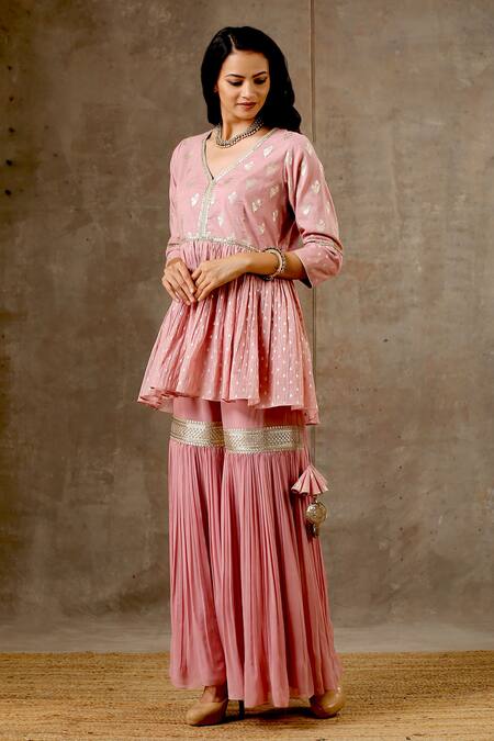 Buy_Bbaawri_Pink Banarasi Chanderi Woven Tear Drop V Neck Floral Peplum Kurta Sharara Set _Online_at_Aza_Fashions