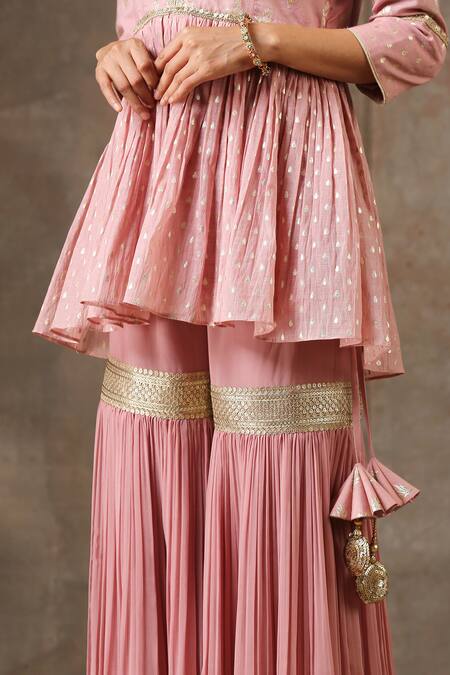 Shop_Bbaawri_Pink Banarasi Chanderi Woven Tear Drop V Neck Floral Peplum Kurta Sharara Set _Online_at_Aza_Fashions