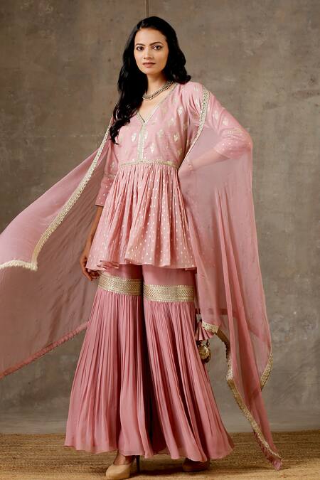 Bbaawri_Pink Banarasi Chanderi Woven Tear Drop V Neck Floral Peplum Kurta Sharara Set _at_Aza_Fashions