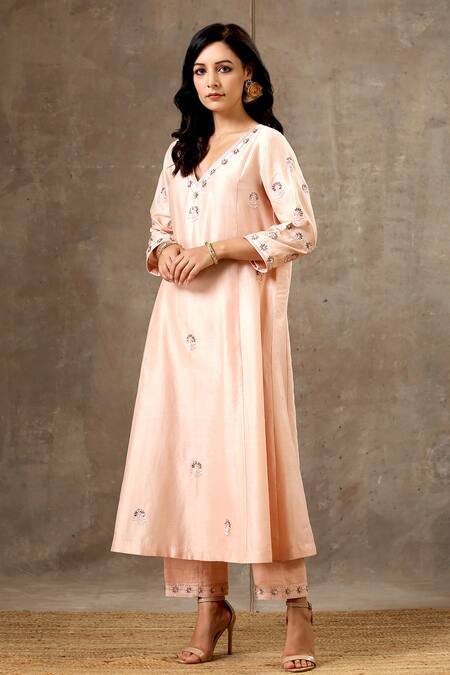 Bbaawri_Peach Silk, Sequins, Embroidery Handloom Flower Kurta Set _Online_at_Aza_Fashions