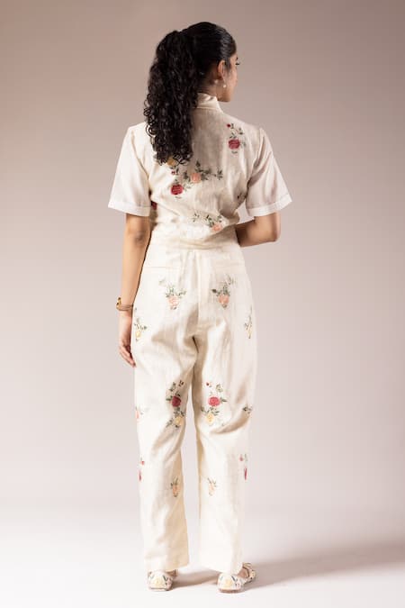 Shop Prama By Pratima Pandey Ivory Silk Chanderi Print Florence Sailor Hand Painted Jumpsuit at Aza Fashions Shop_Prama By Pratima Pandey_Ivory Silk Chanderi Print Florence Sailor Hand Painted Jumpsuit _at_Aza_Fashions