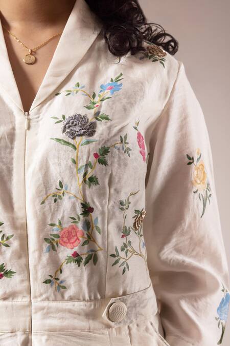 Prama By Pratima Pandey Ivory Silk Chanderi Print Florence Sailor Hand Painted Jumpsuit Online at Aza Fashions Prama By Pratima Pandey_Ivory Silk Chanderi Print Florence Sailor Hand Painted Jumpsuit _Online_at_Aza_Fashions