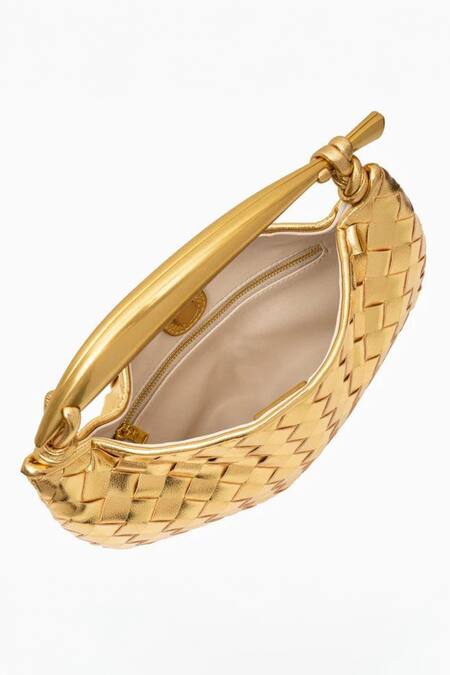 Pine And Drew_Gold Woven Cecily Geometric Pattern Metallic Handle Handbag_Online_at_Aza_Fashions