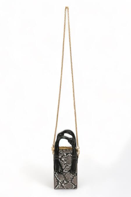 Immri_Black Love Knot Cuboid Snake Skin Textured Handbag_Online_at_Aza_Fashions