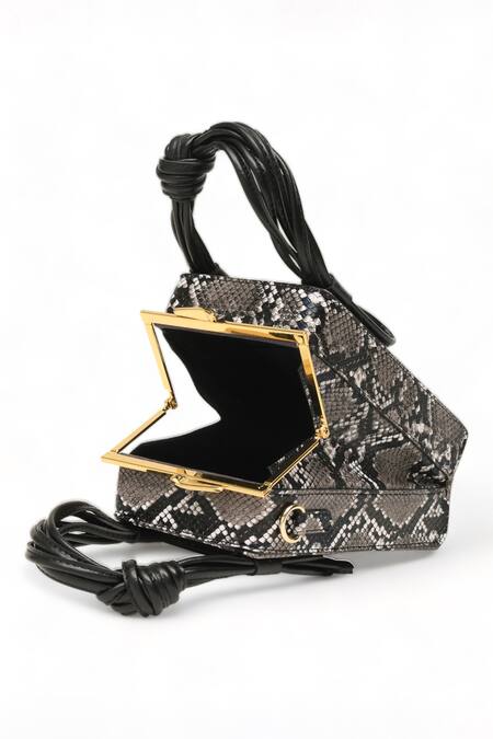 Shop_Immri_Black Love Knot Cuboid Snake Skin Textured Handbag_Online_at_Aza_Fashions