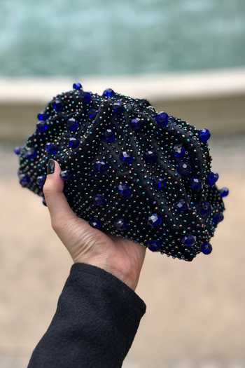 Aomidori Shimai_Black Glass Crystal Beads Midnight Rain Embellished Clutch Bag_Online_at_Aza_Fashions