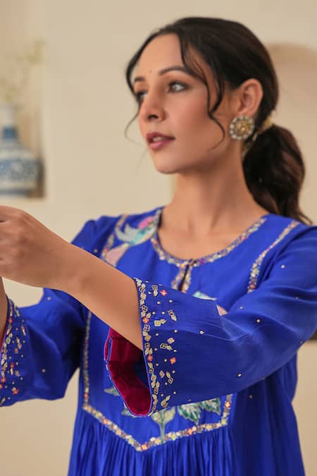 Pita Nila Blue Silk, Chanderi Embroidery, Sequins Round Jehan Hand Bodice Kurta Pant Set Online at Aza Fashions Pita Nila_Blue Silk, Chanderi Embroidery, Sequins Round Jehan Hand Bodice Kurta Pant Set _Online_at_Aza_Fashions