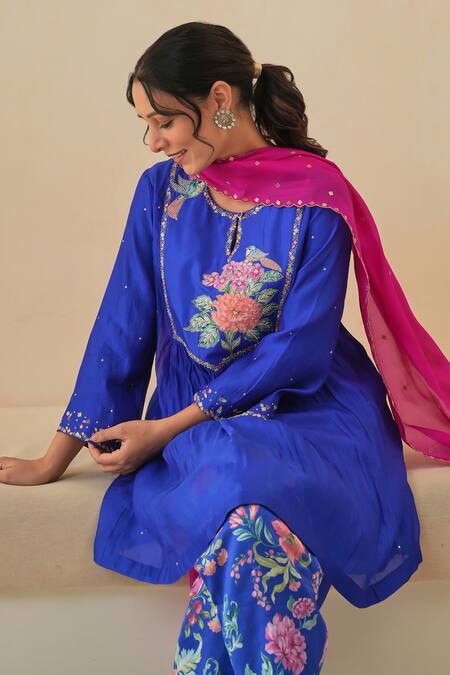 Shop Pita Nila Blue Silk, Chanderi Embroidery, Sequins Round Jehan Hand Bodice Kurta Pant Set Online at Aza Fashions Shop_Pita Nila_Blue Silk, Chanderi Embroidery, Sequins Round Jehan Hand Bodice Kurta Pant Set _Online_at_Aza_Fashions