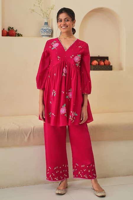 Pita Nila Red Chanderi, Silk Organza Embroidery, Sequins Zia Hand Short Anarkali Pant Set Online at Aza Fashions Pita Nila_Red Chanderi, Silk Organza Embroidery, Sequins Zia Hand Short Anarkali Pant Set _Online_at_Aza_Fashions