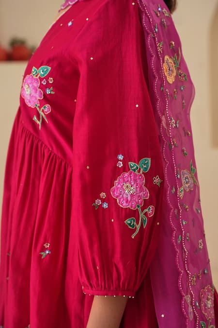 Shop Pita Nila Red Chanderi, Silk Organza Embroidery, Sequins Zia Hand Short Anarkali Pant Set Online at Aza Fashions Shop_Pita Nila_Red Chanderi, Silk Organza Embroidery, Sequins Zia Hand Short Anarkali Pant Set _Online_at_Aza_Fashions