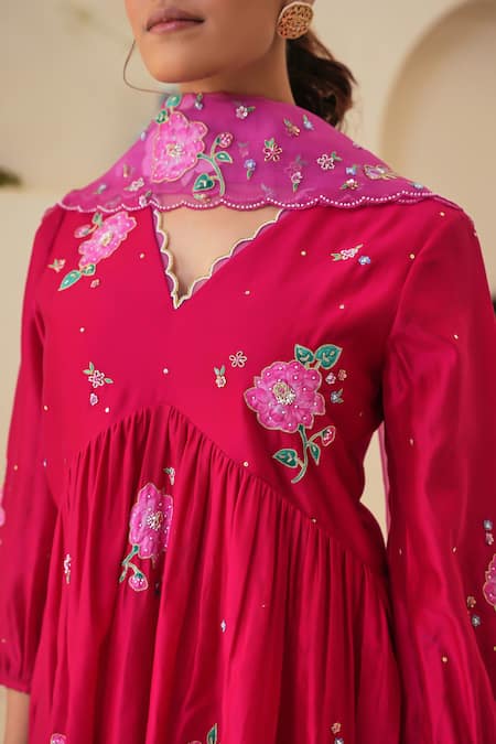 Pita Nila Red Chanderi, Silk Organza Embroidery, Sequins Zia Hand Short Anarkali Pant Set at Aza Fashions Pita Nila_Red Chanderi, Silk Organza Embroidery, Sequins Zia Hand Short Anarkali Pant Set _at_Aza_Fashions