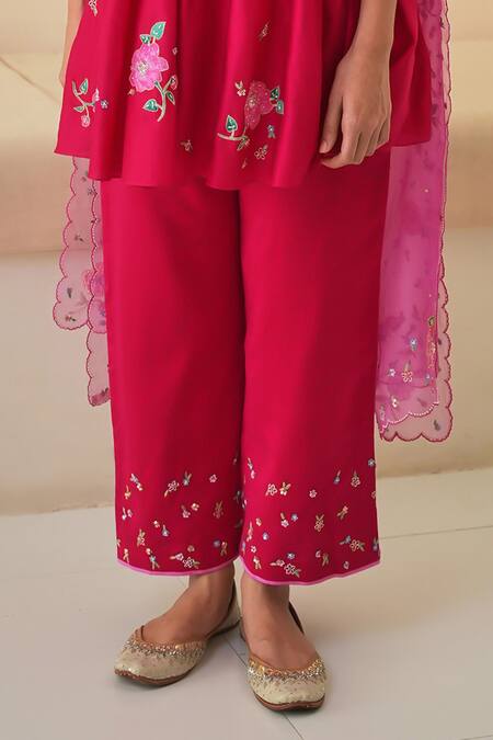 Buy Pita Nila Red Chanderi, Silk Organza Embroidery, Sequins Zia Hand Short Anarkali Pant Set Buy_Pita Nila_Red Chanderi, Silk Organza Embroidery, Sequins Zia Hand Short Anarkali Pant Set