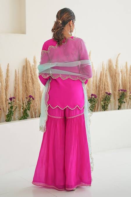 Shop_Pita Nila_Magenta Silk Embroidery Sequins V Neck Feeha Kurta Sharara Set  _at_Aza_Fashions